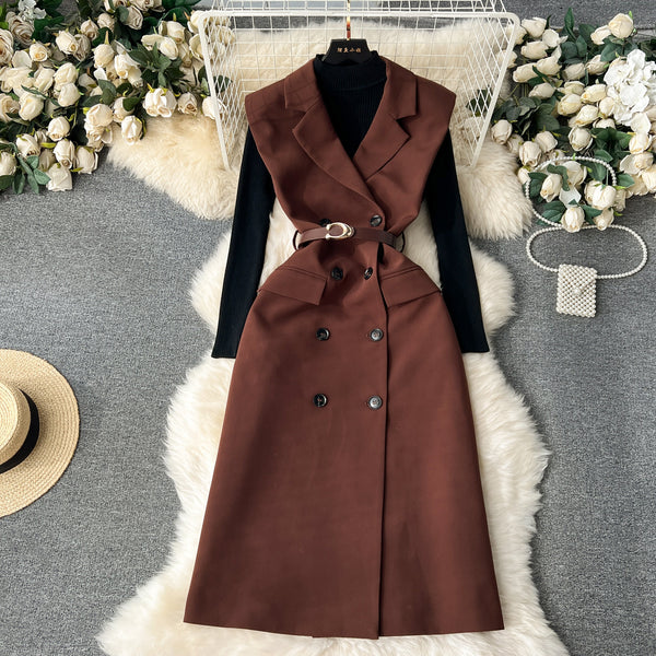 Knitted Bottoming Shirt Versatile Retro Double Breasted Business Suit And Dress Two-piece Set